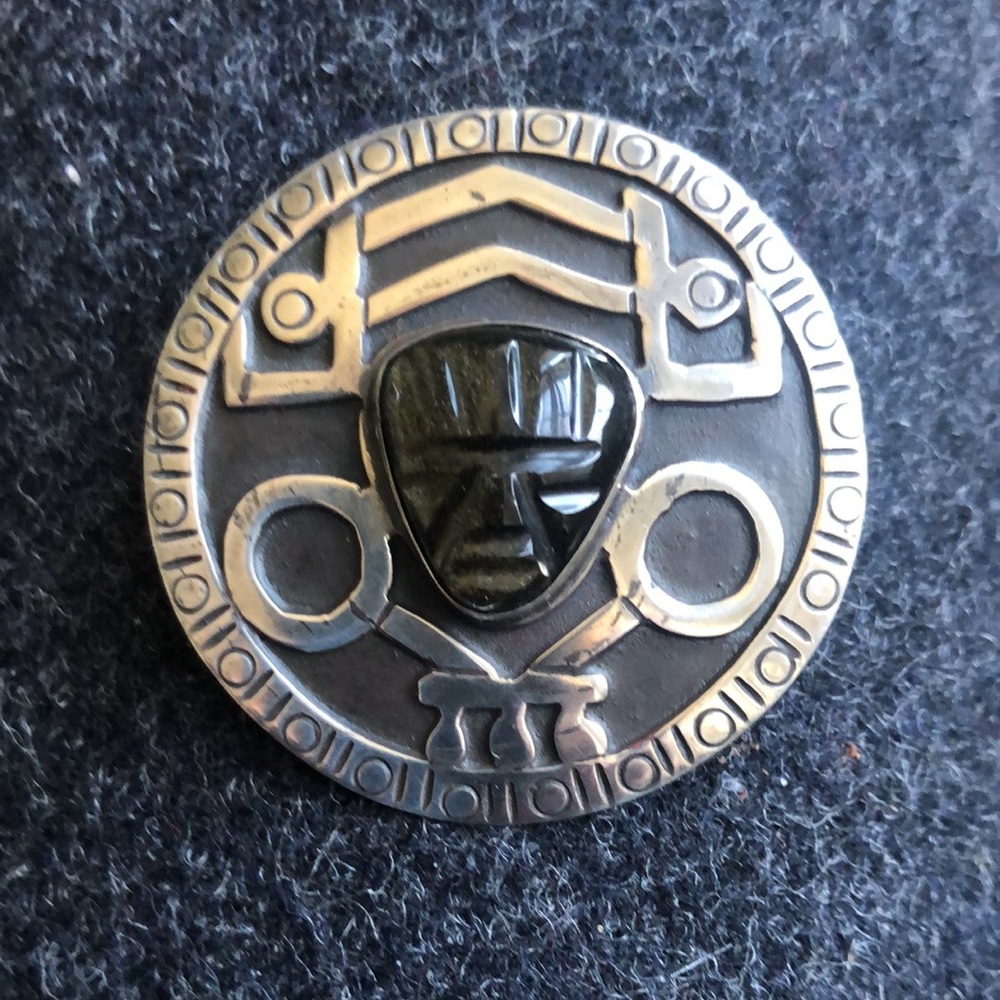 Sterling Silver African Pendant or Brooch with Genuine Carved Stone